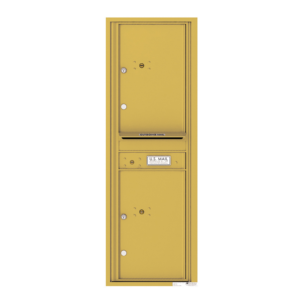 Gold vertical mailbox with two compartments and U.S. Mail label.
