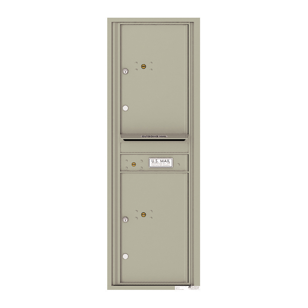 Vertical beige wall-mounted mailbox with two compartments and a U.S. Mail label.