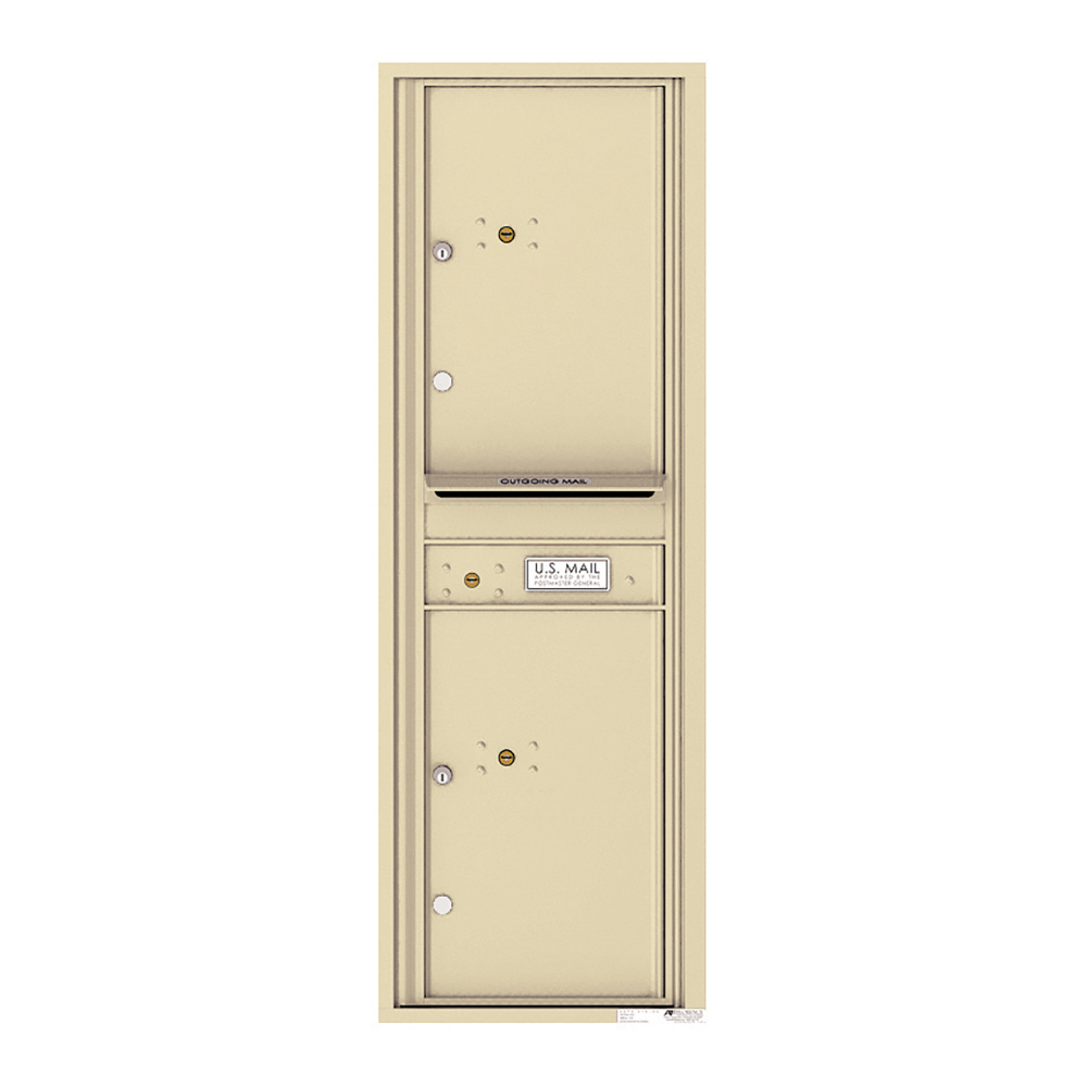 Tan vertical mailbox with two compartments and U.S. Mail label.