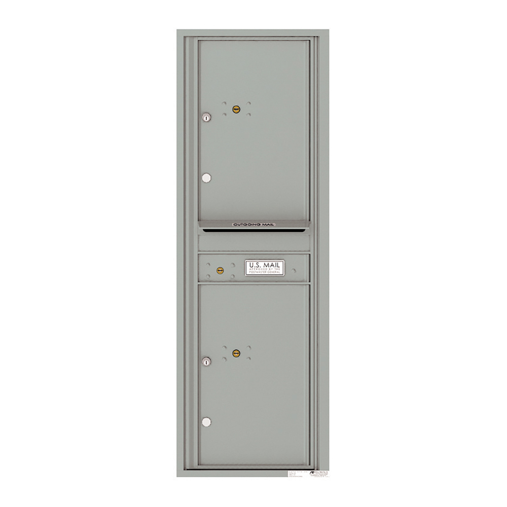 Gray vertical U.S. Mail drop box with two compartments and an outgoing mail slot.