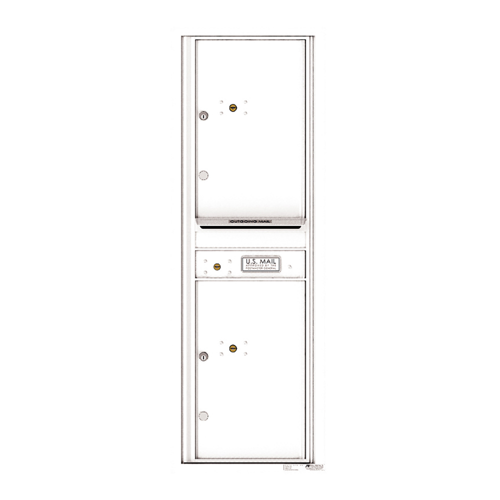 White vertical mailbox with two compartments and a U.S. Mail label.