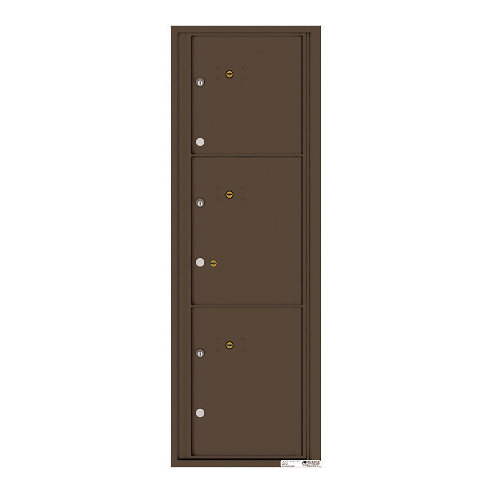 Brown vertical triple mailbox unit with keyholes and locks.