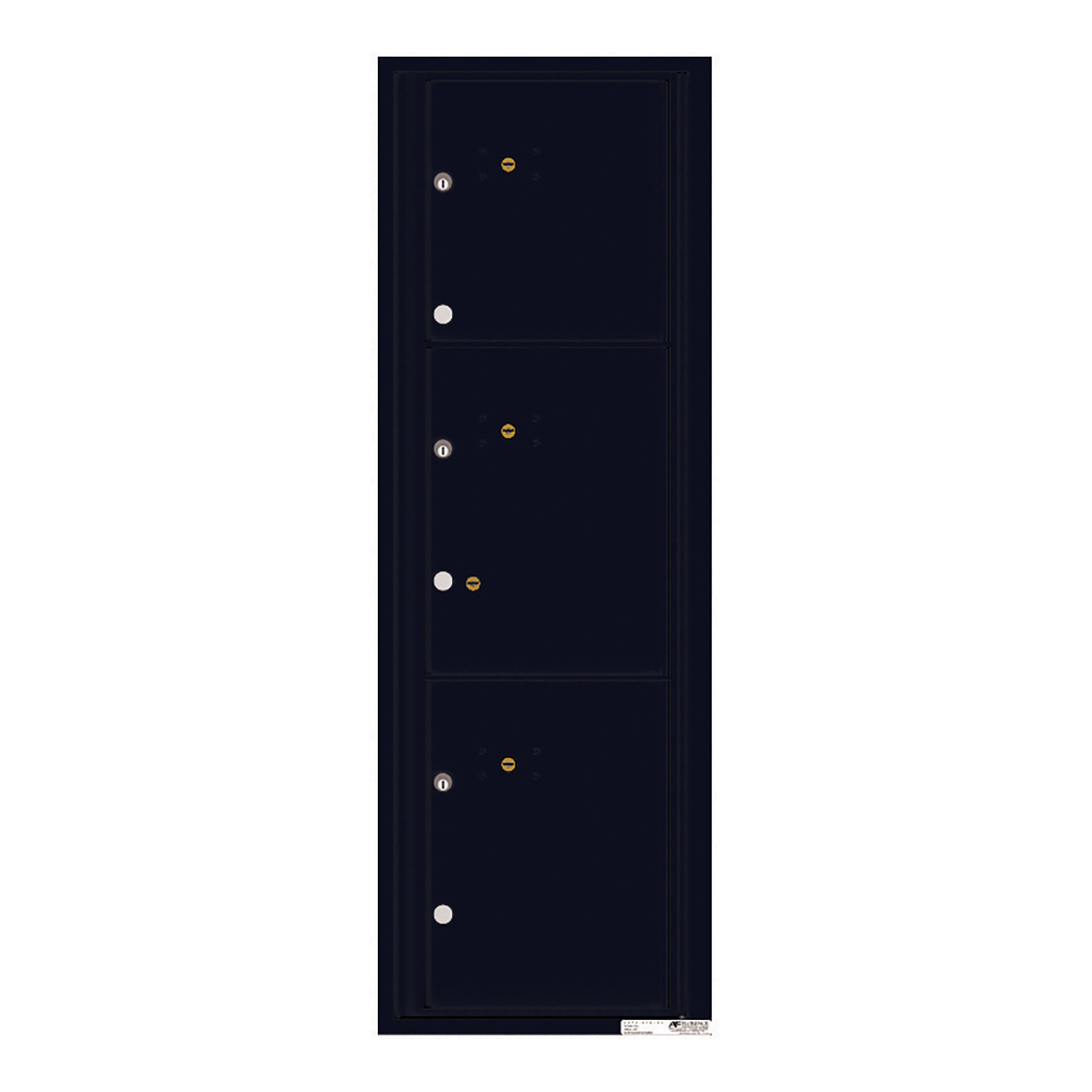 Black three-door vertical mailbox with keyholes and label slots.