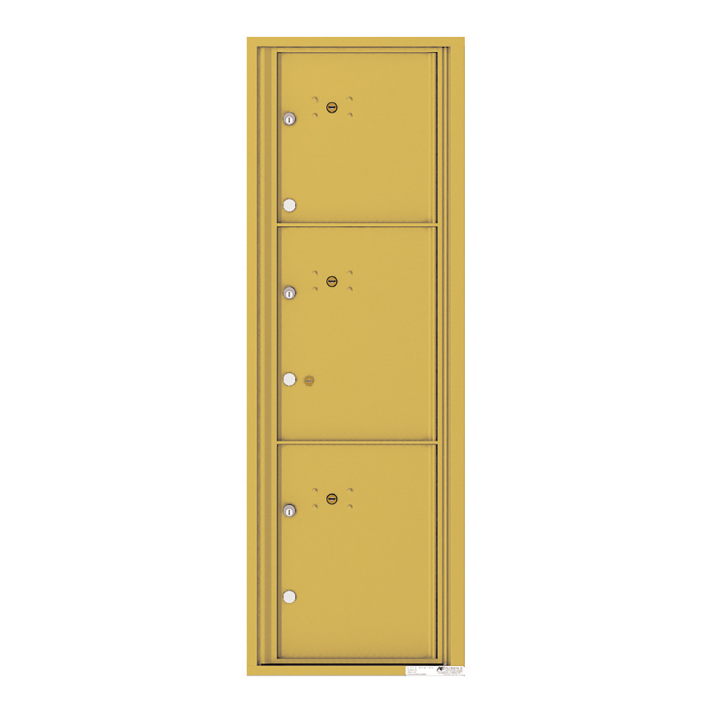 Three yellow vertical mailbox compartments with locks and keyholes.