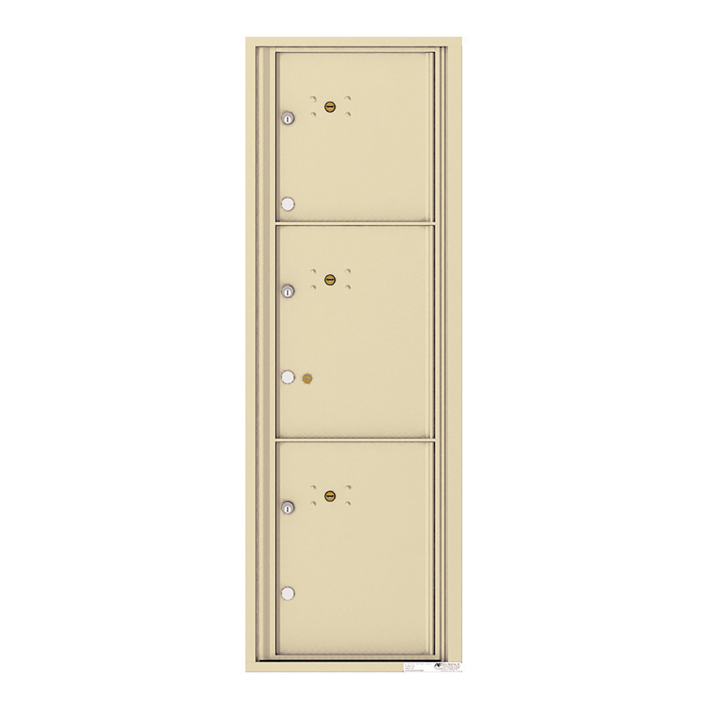 Three beige metal mailbox compartments with locks and keyholes.