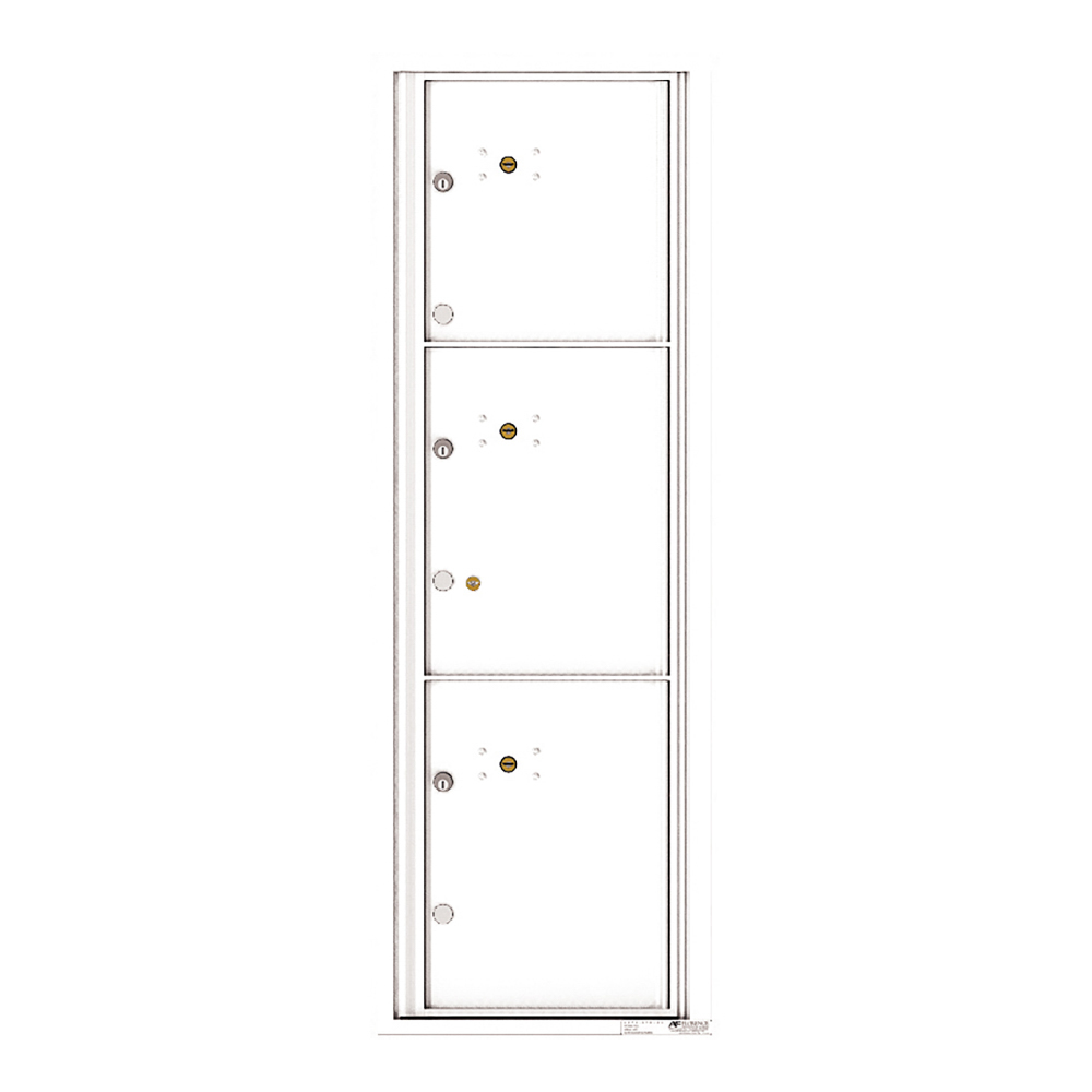 Three white metal mailbox doors in a vertical arrangement with locks and keyholes.