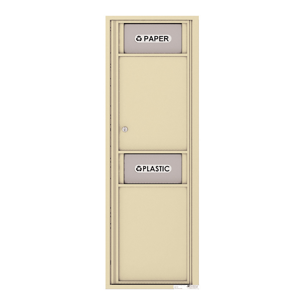 Beige recycling bin with labeled slots for paper and plastic.
