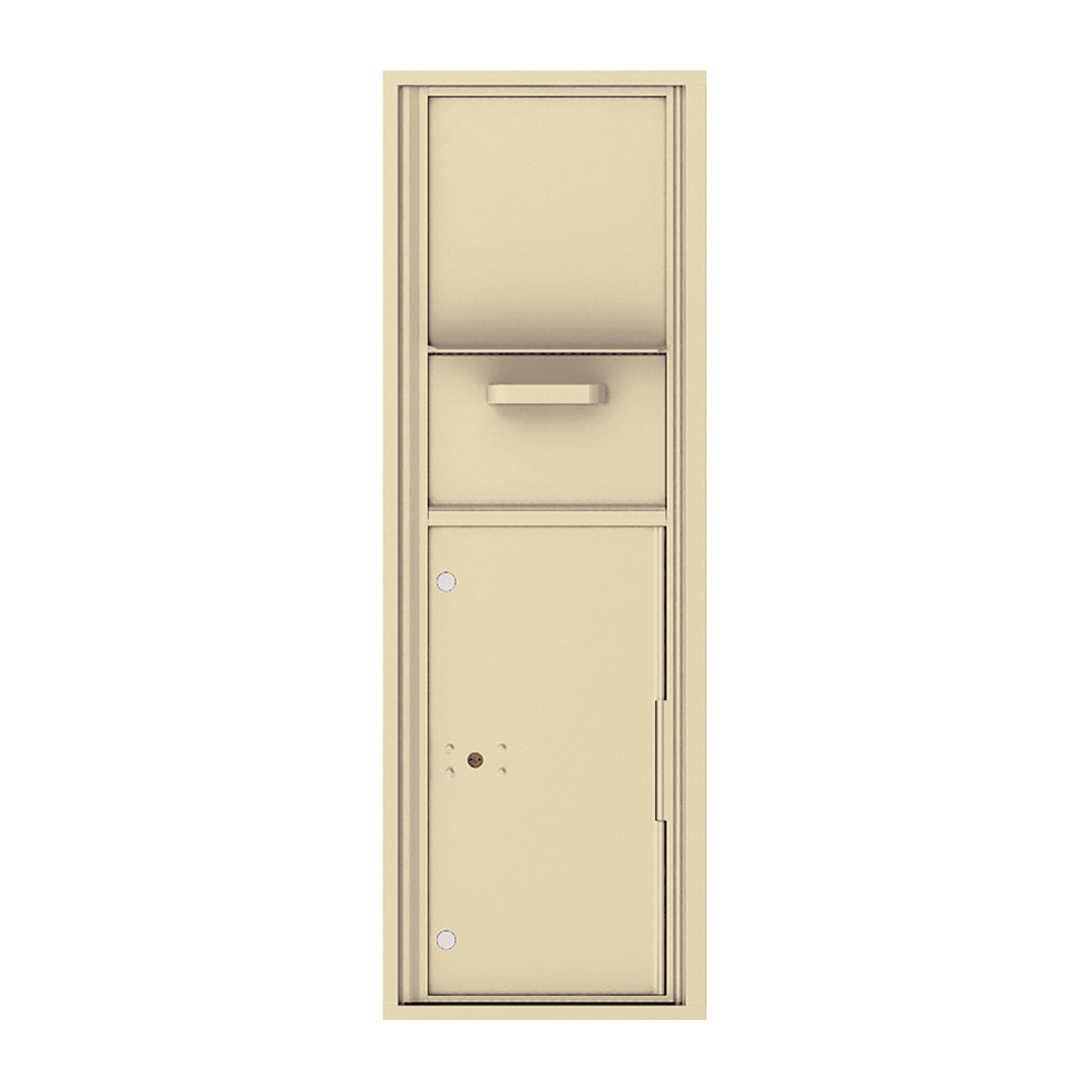 Beige vertical mailbox with a mail slot and lockable compartment.