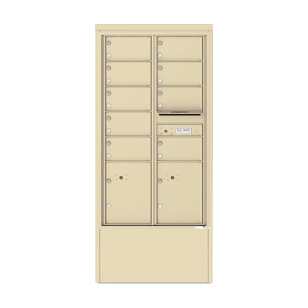 Beige multi-unit mailbox with multiple compartments and a U.S. Mail slot.