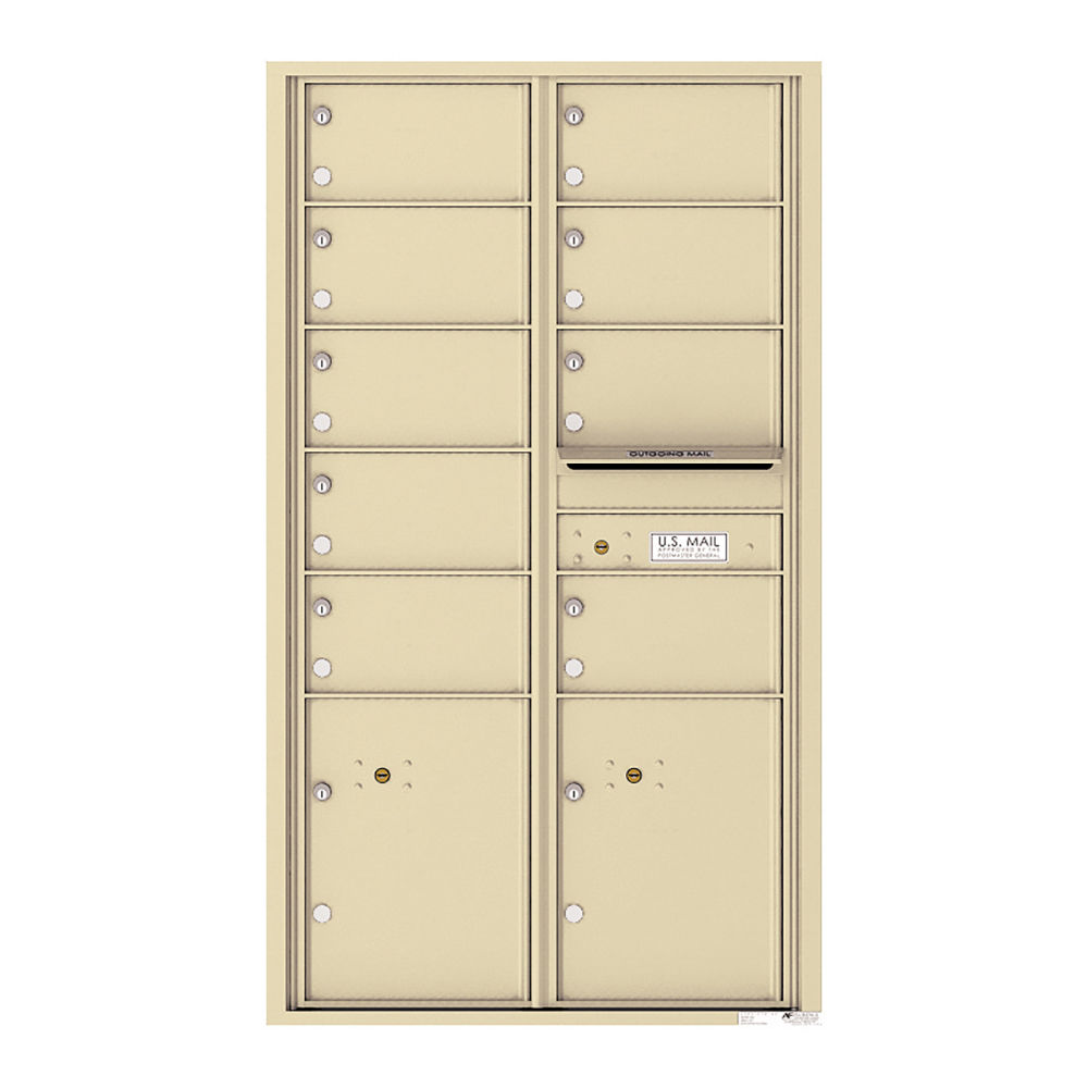 Beige multi-unit mailbox with 12 compartments and outgoing mail slot.