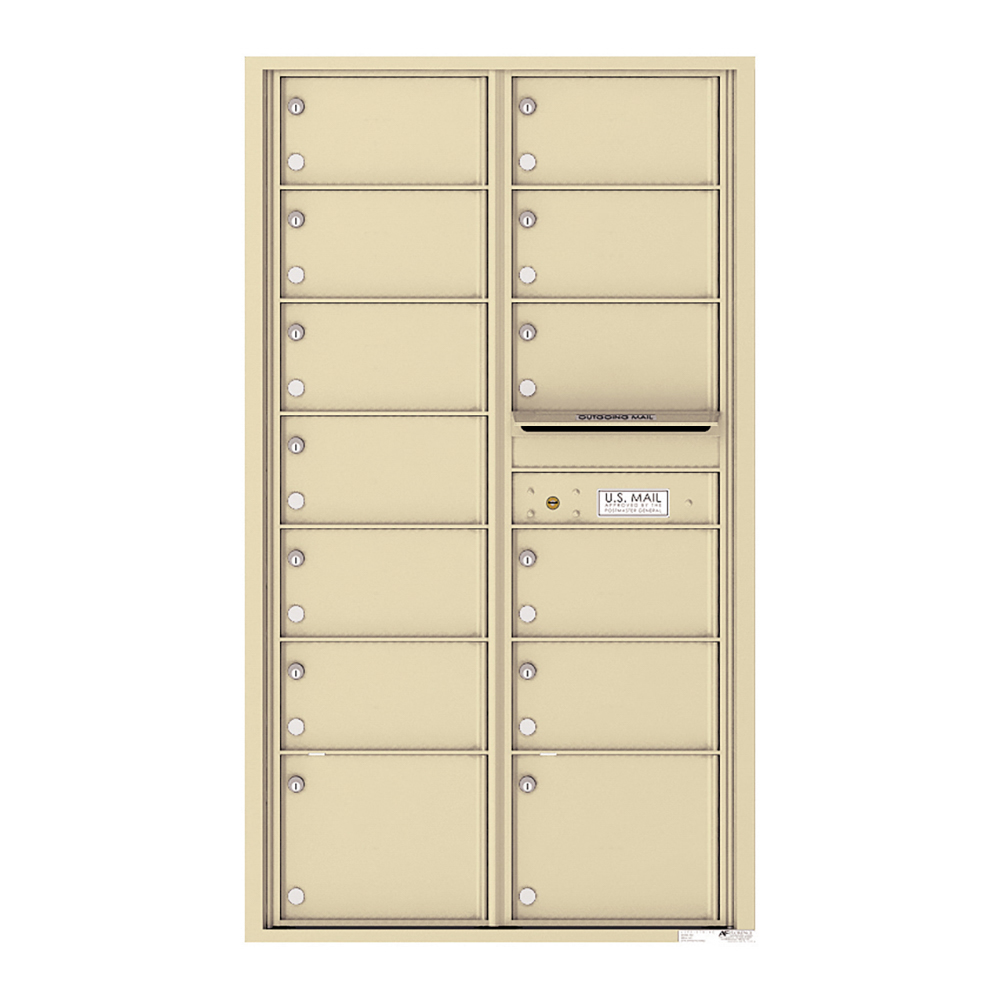 Beige multi-unit mailbox with individual compartments and a U.S. Mail slot.