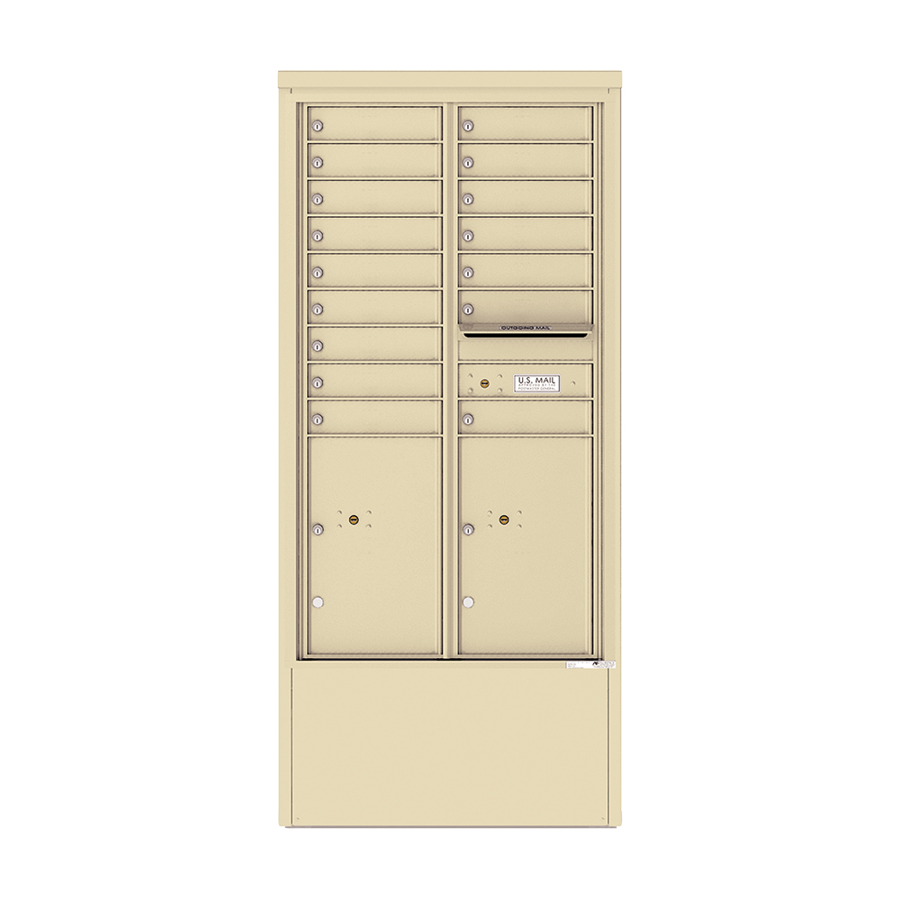 Beige multi-unit mailbox with parcel lockers and mail slots.