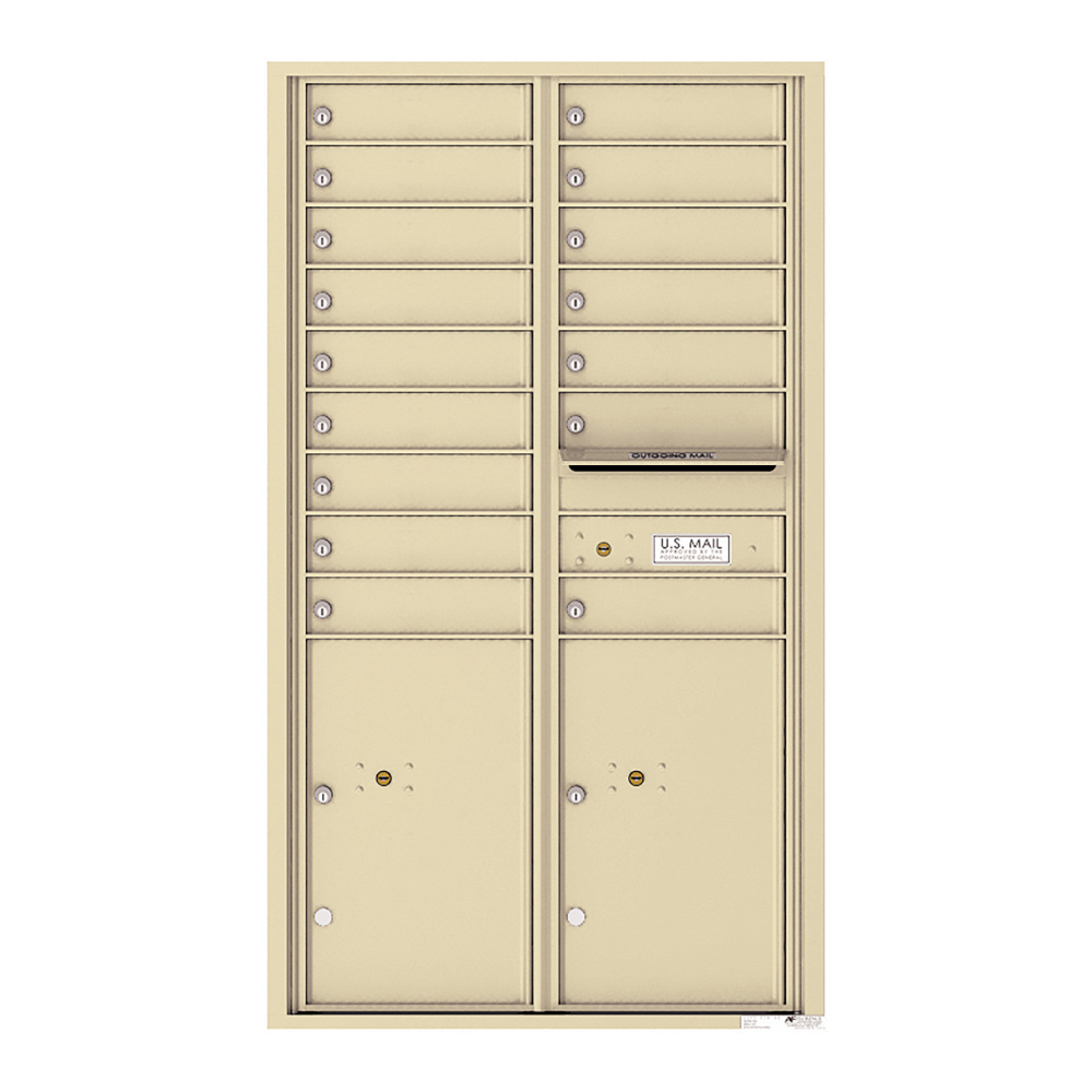 Beige multi-unit mailbox with individual locked compartments and outgoing mail slot.