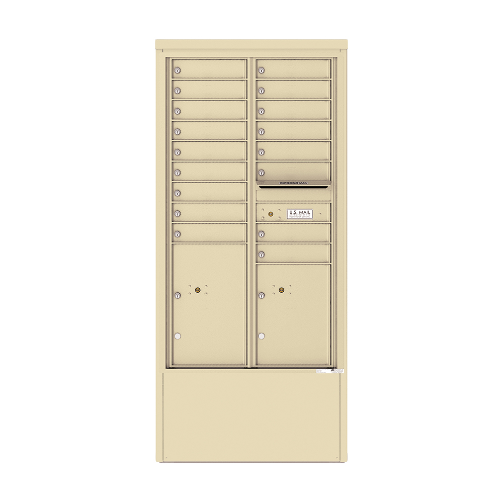Tan multi-unit mailbox with multiple compartments and a U.S. Mail label.