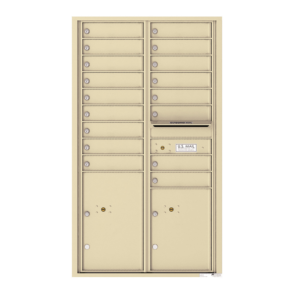 Beige multi-unit mailbox with individual compartments and a U.S. Mail slot.