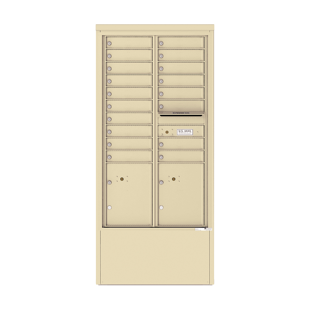 Tan multi-unit mailbox with individual locked compartments and a U.S. Mail slot.