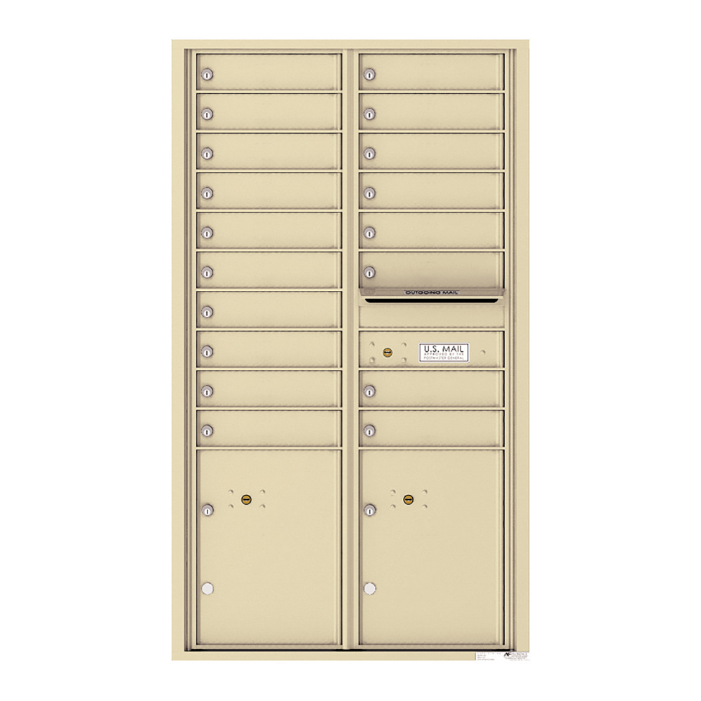 Beige multi-unit mailbox with individual locked compartments and outgoing mail slot.