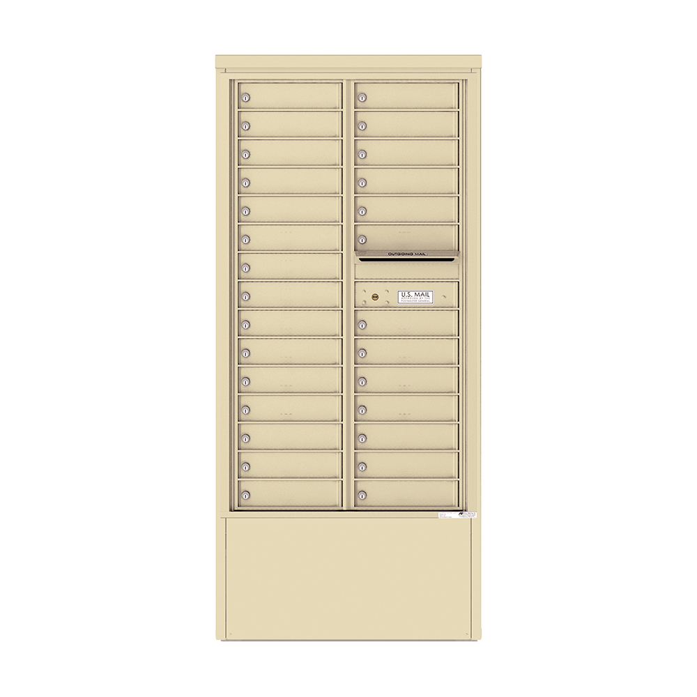 Beige multi-unit mailbox with individual compartments and a U.S. Mail slot.