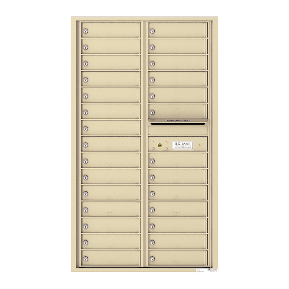 Beige multi-unit mailbox with individual locked compartments and an outgoing mail slot.