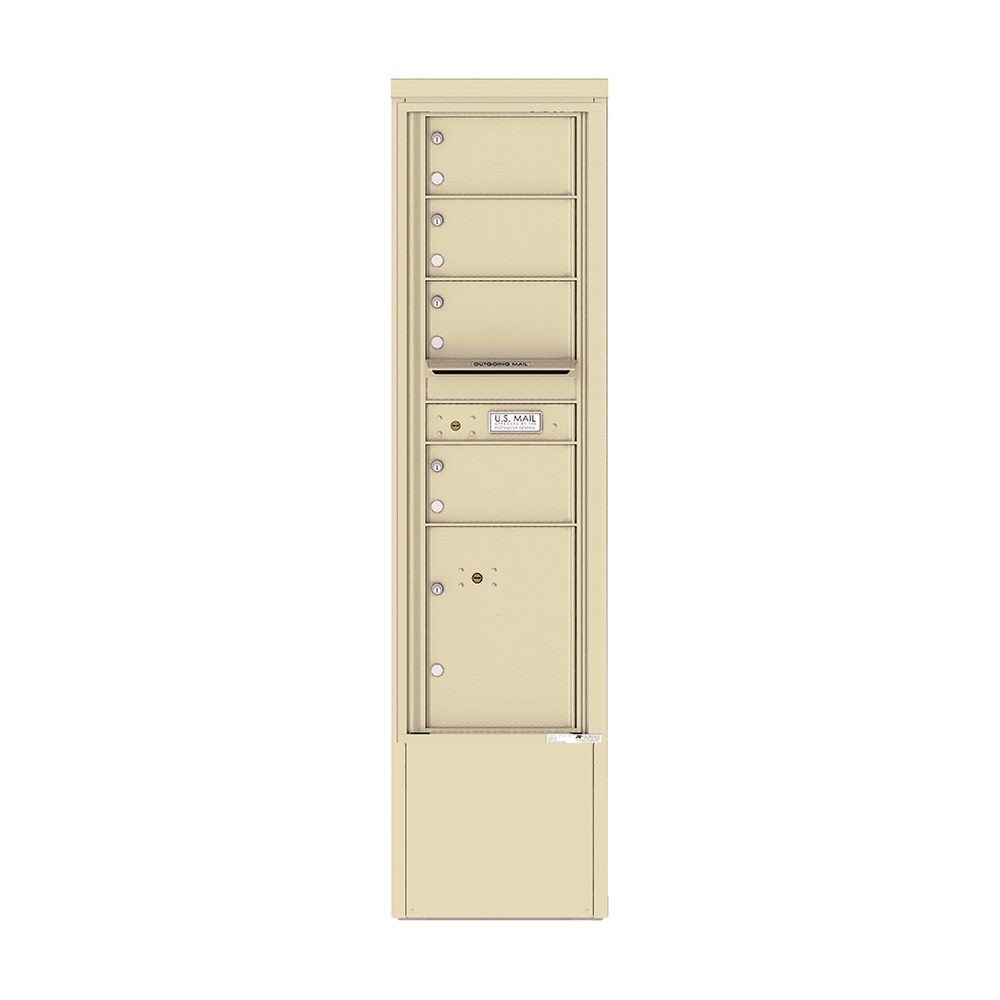 Beige multi-unit mailbox with five compartments and a U.S. Mail slot.