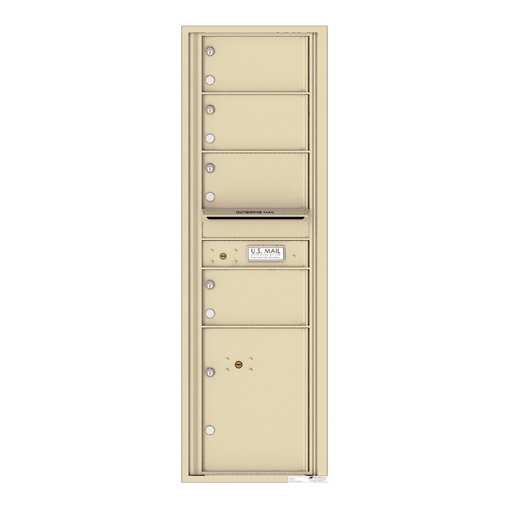 Beige multi-unit mailbox with five compartments and an outgoing mail slot.