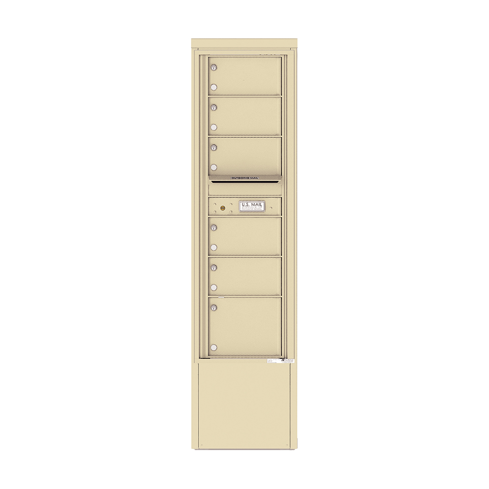Beige multi-unit mailbox with six compartments and an outgoing mail slot.
