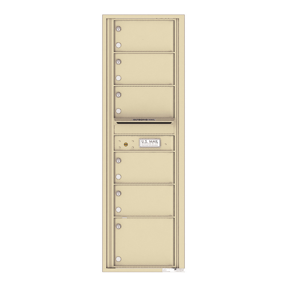 Beige multi-unit mailbox with six compartments and outgoing mail slot.