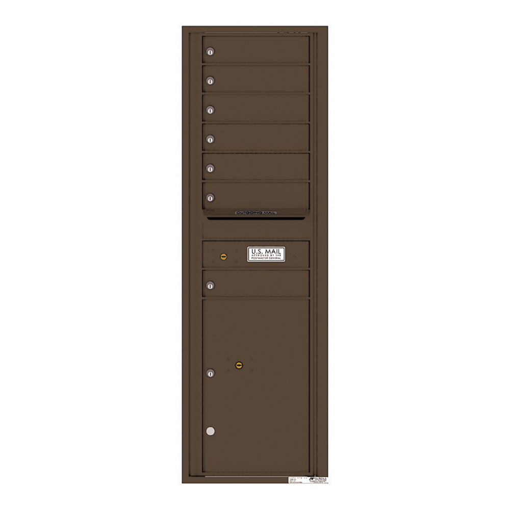Brown vertical mailbox unit with multiple locked compartments and a U.S. Mail label.