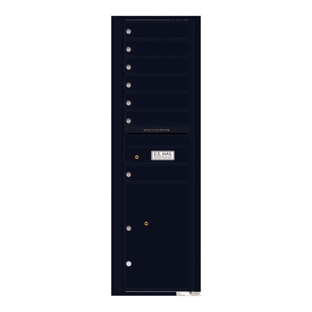 Black multi-unit mailbox with six compartments and a U.S. Mail label.