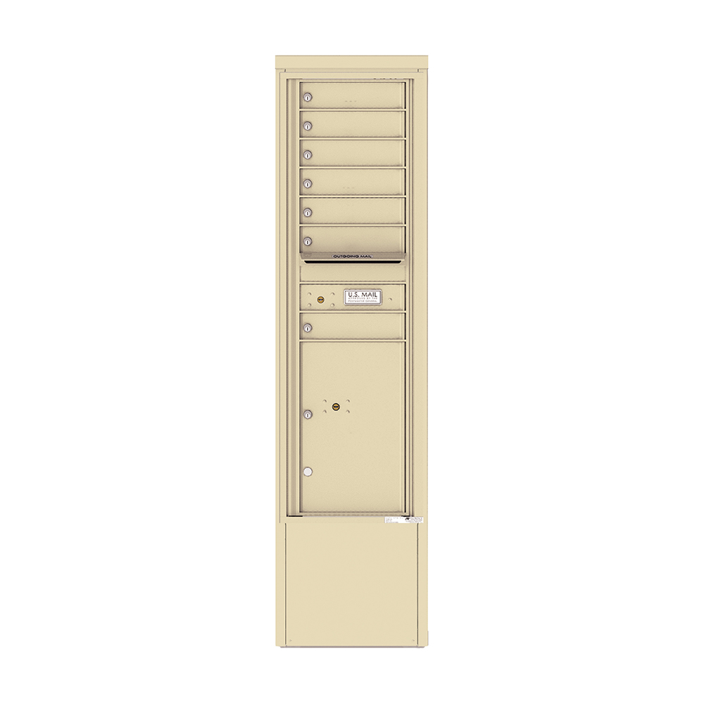 Beige multi-unit mailbox with parcel locker and outgoing mail slot.