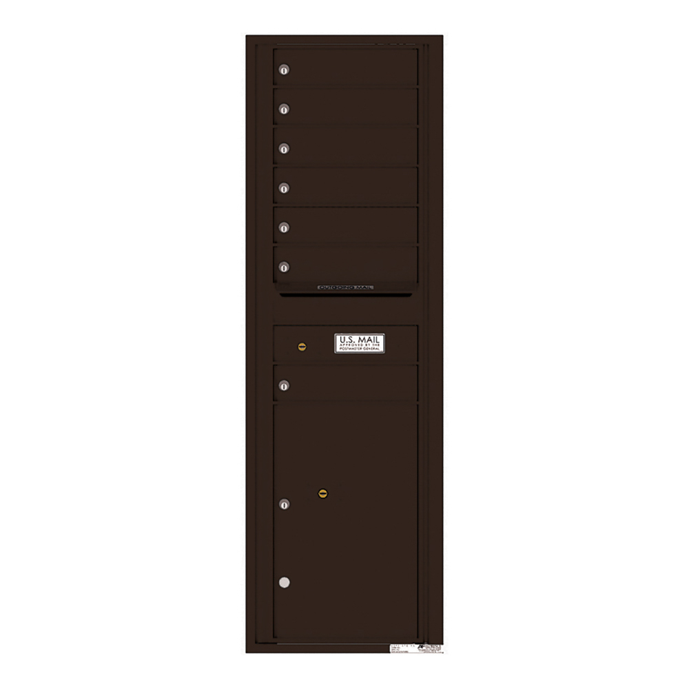 Dark brown vertical mailbox unit with multiple compartments and a U.S. Mail label.