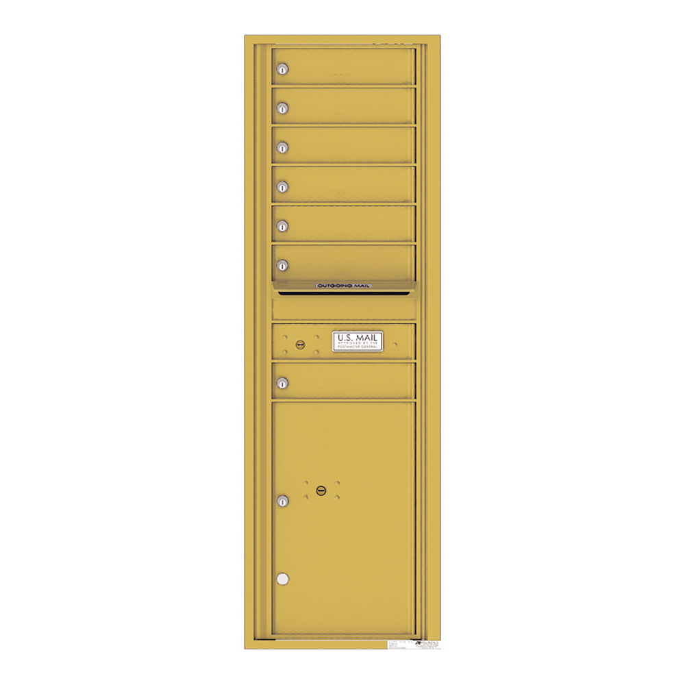 Yellow multi-unit mailbox with individual locked compartments and an outgoing mail slot.