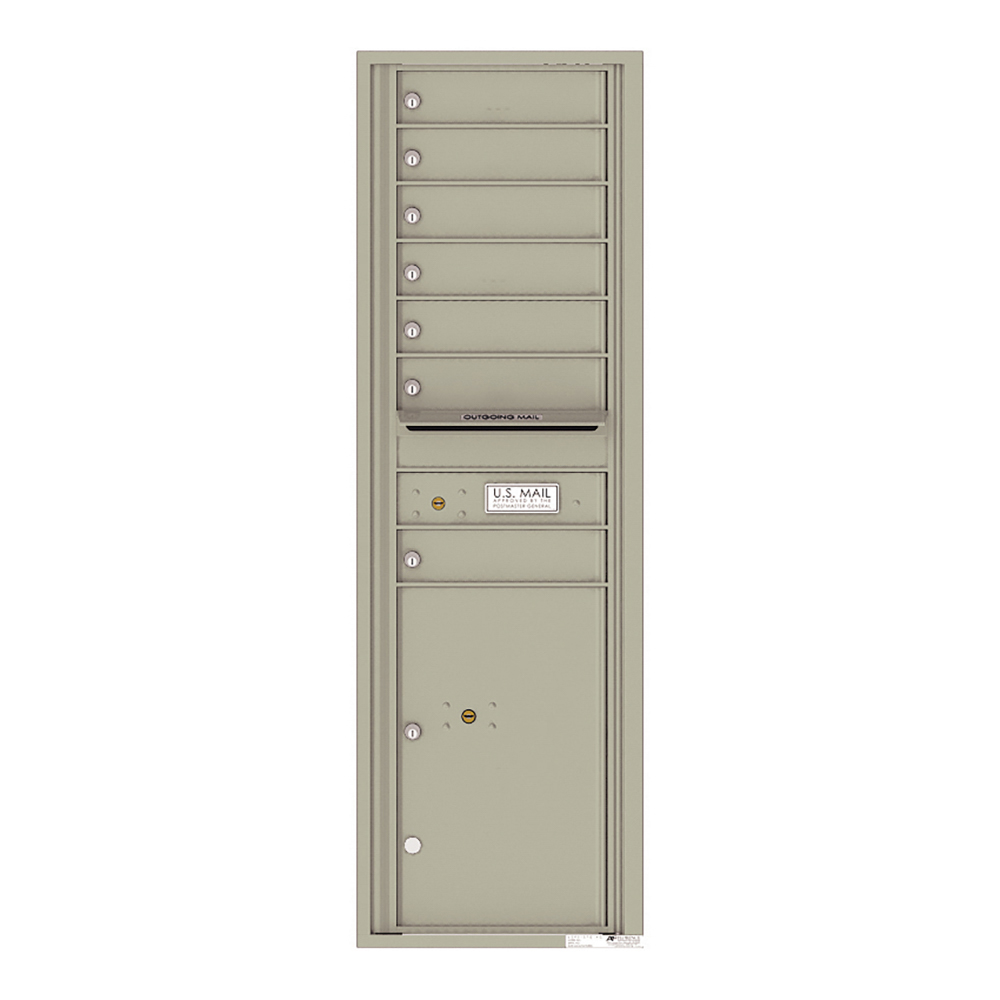 Vertical metal mailbox unit with multiple compartments and an outgoing mail slot.