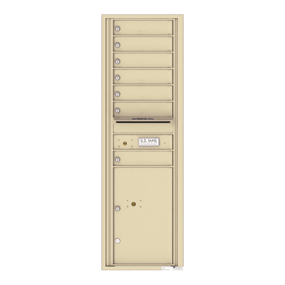 Beige multi-unit mailbox with seven compartments and an outgoing mail slot.