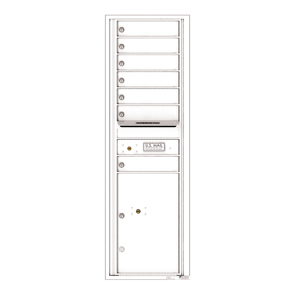 Vertical white multi-unit mailbox with six compartments and a mail slot.