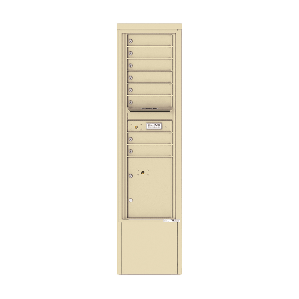Beige multi-unit mailbox with parcel locker and mail slots.