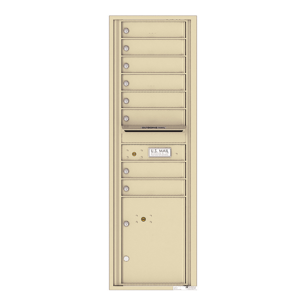Beige multi-unit mailbox with individual locked compartments and outgoing mail slot.