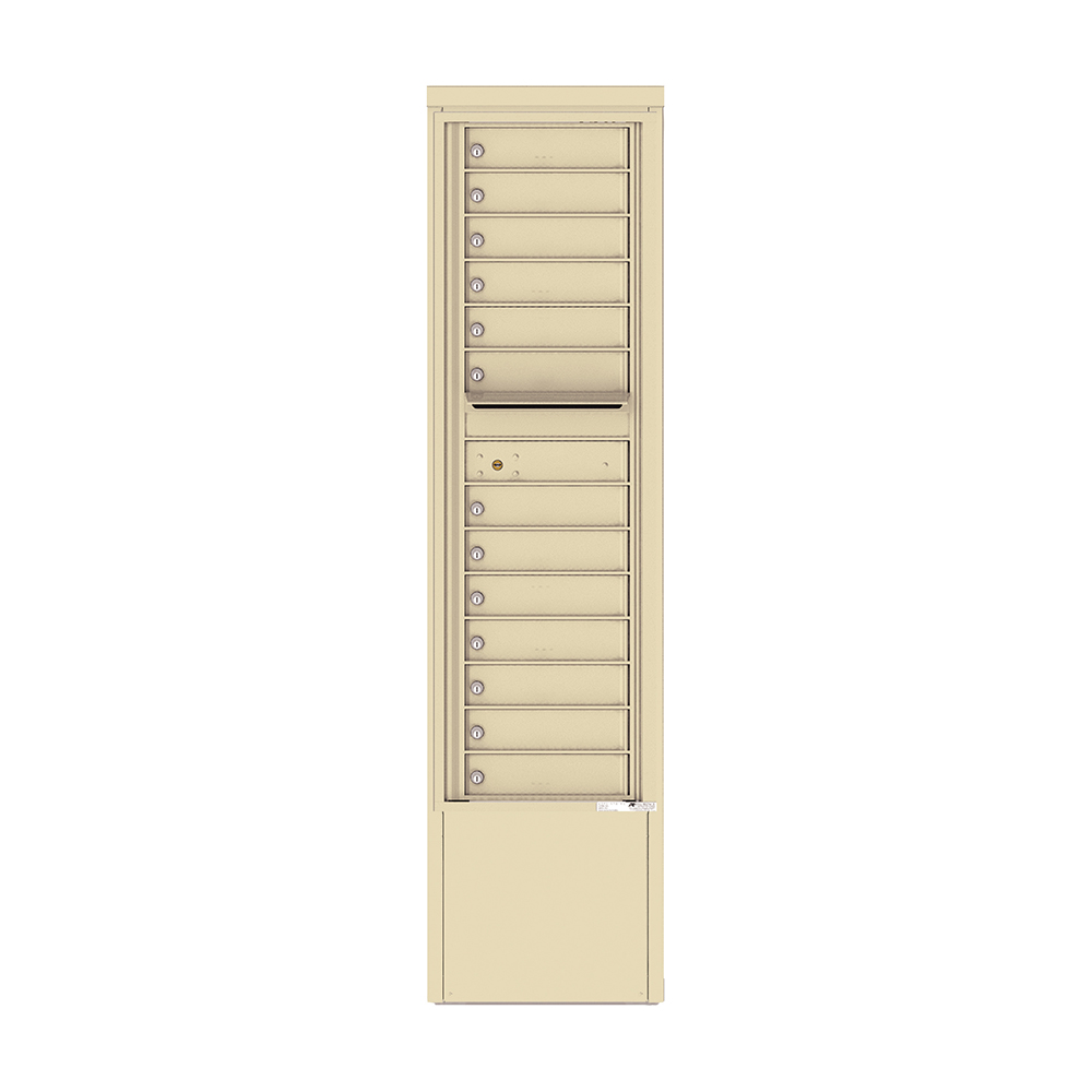 Beige vertical mailbox unit with multiple compartments and locks.