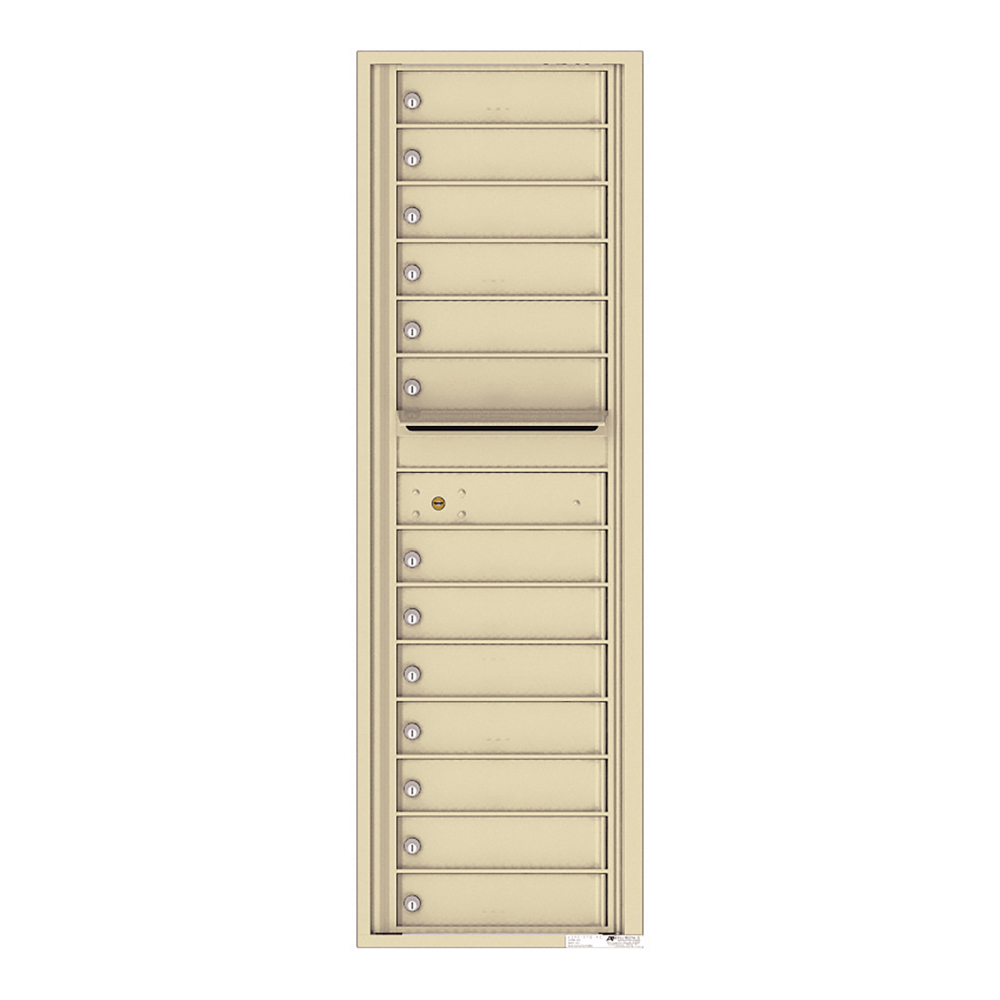 Beige vertical mailbox unit with multiple locked compartments and one mail slot.