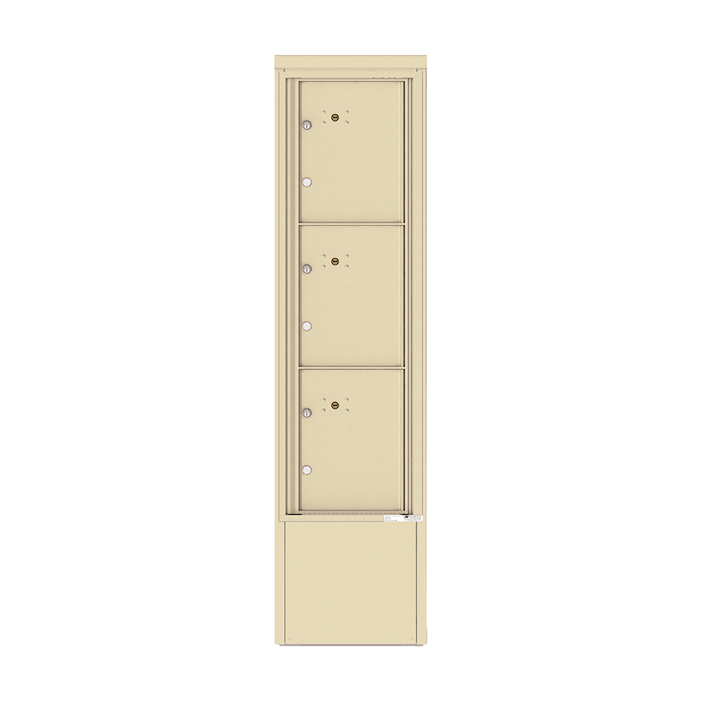 Beige vertical mailbox unit with three compartments and locks.