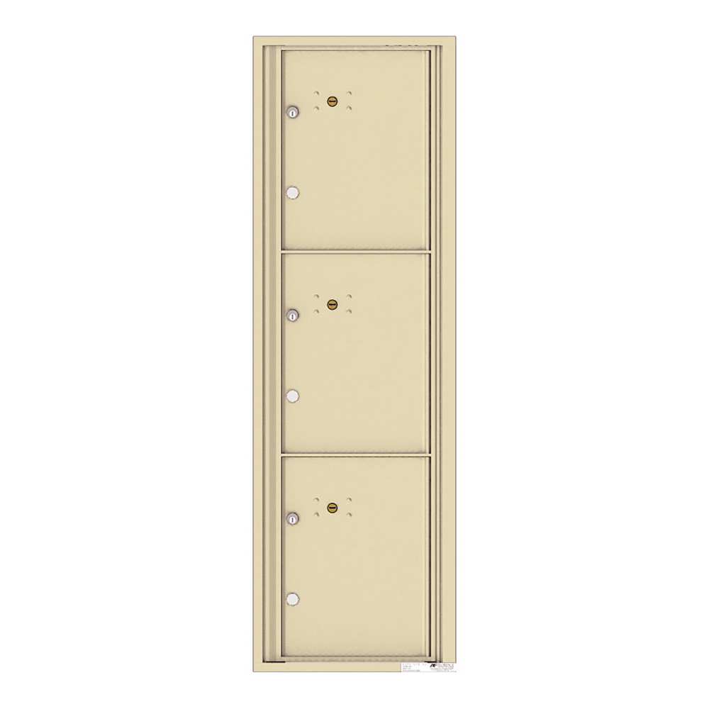 Three beige metal mailbox doors with locks in a vertical arrangement.