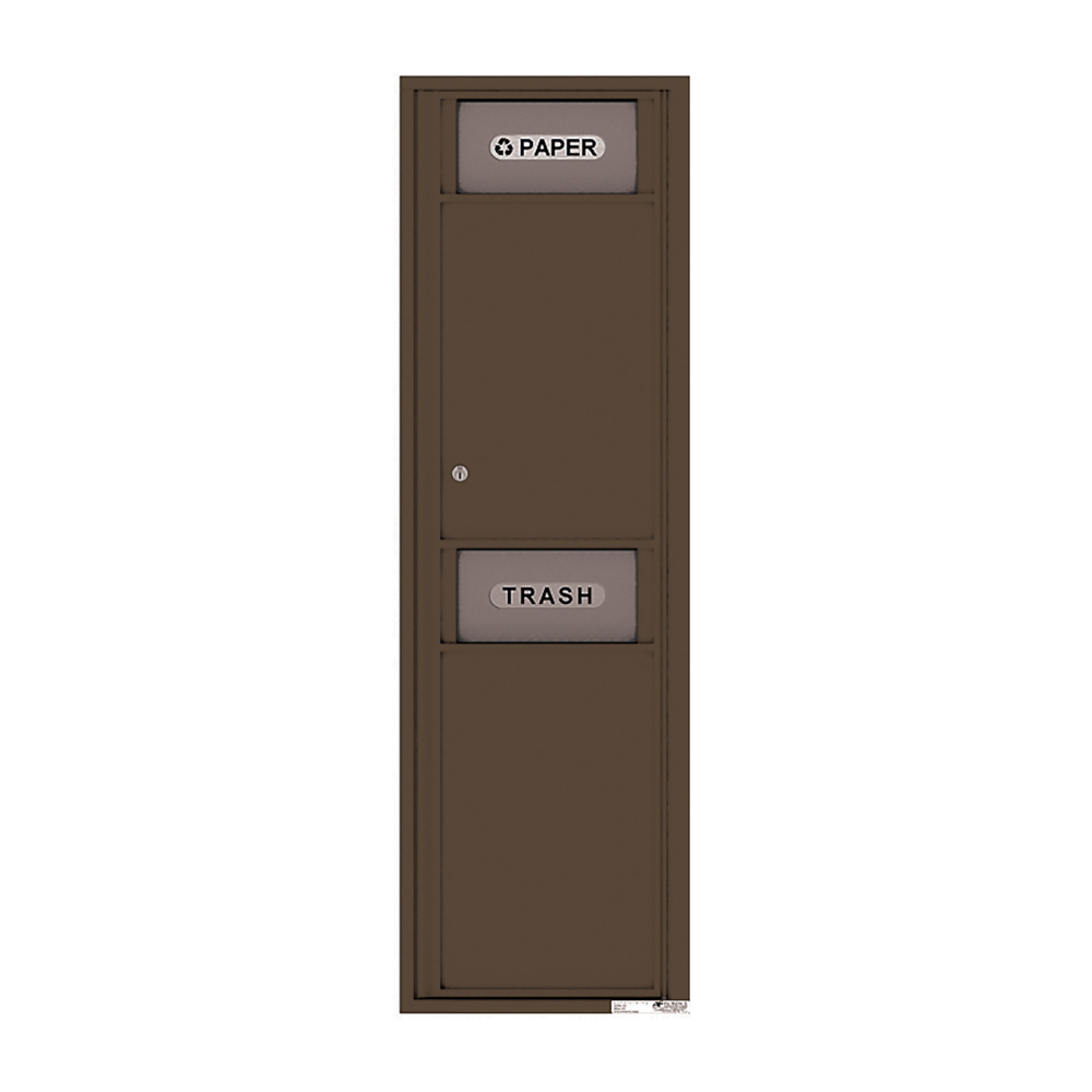 Brown dual-compartment recycling and trash receptacle with labeled slots for paper and trash.