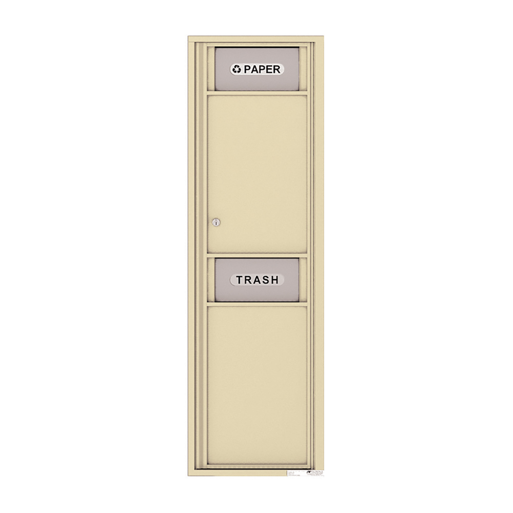 Beige dual-compartment wall-mounted recycling and trash bin with labeled sections for paper and trash.