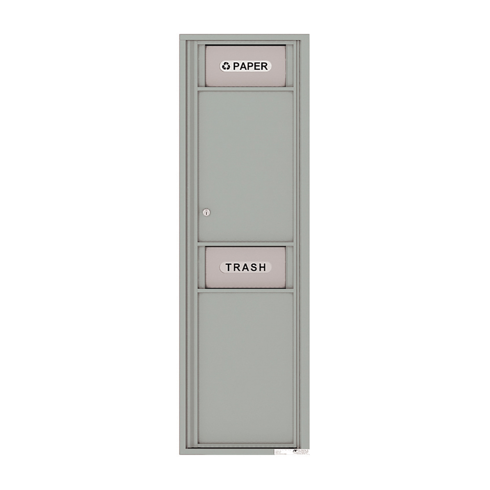 Gray wall-mounted recycling and trash bin with labeled slots for paper and trash.