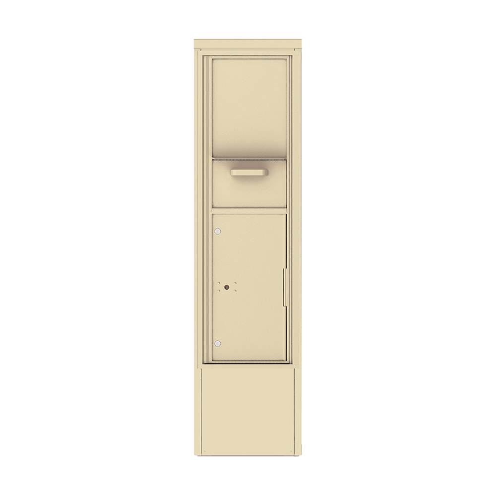 Beige vertical mailbox with parcel compartment and mail slot.