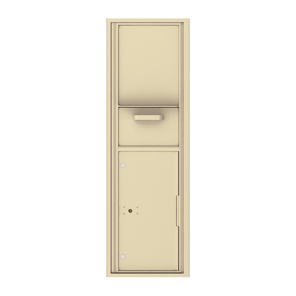 Beige vertical mailbox with mail slot and lockable compartment.