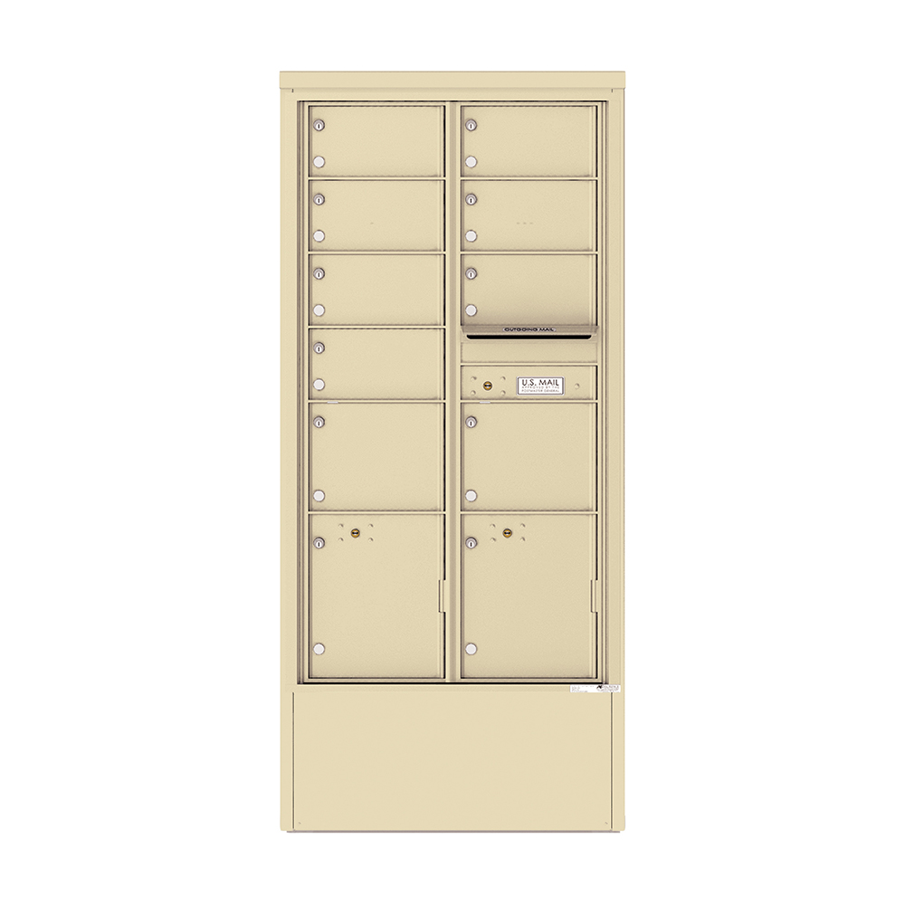 Beige multi-unit mailbox with individual locked compartments.