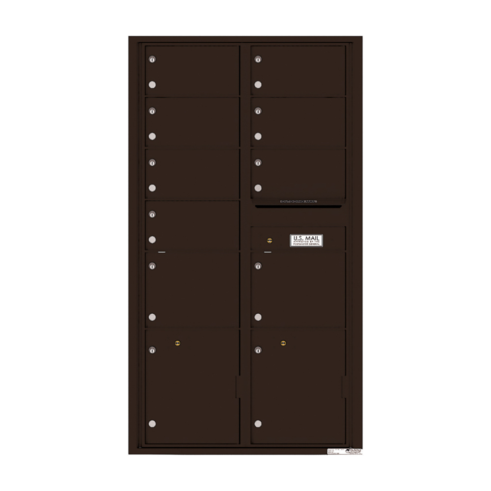Dark brown wall-mounted cluster mailbox with multiple compartments and a U.S. Mail label.