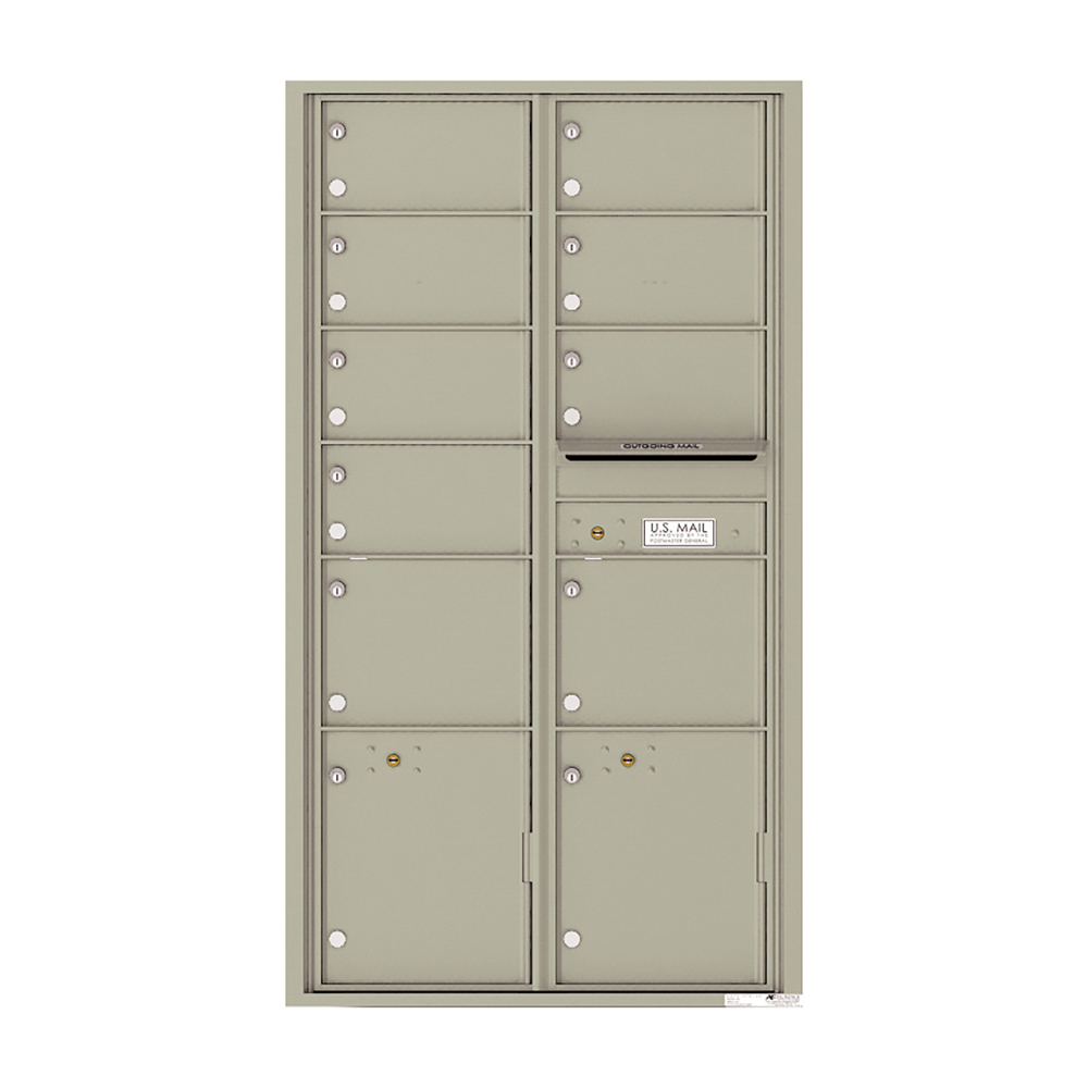 Beige multi-unit mailbox with individual compartments and outgoing mail slot.