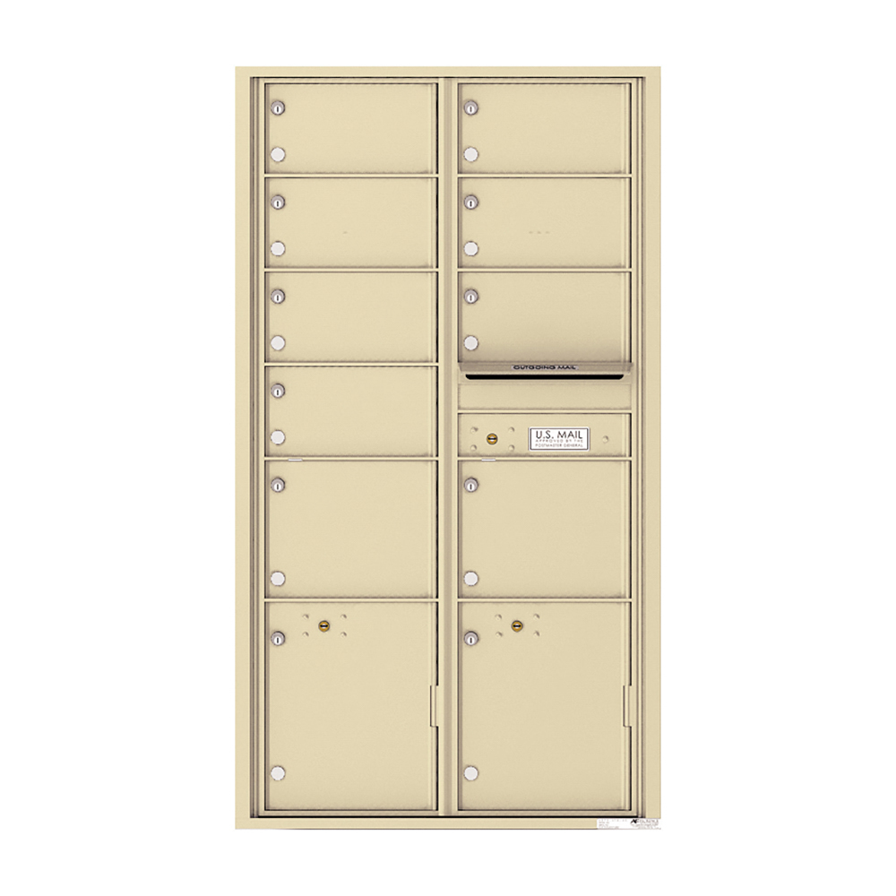 Tan multi-unit mailbox with individual compartments and an outgoing mail slot.